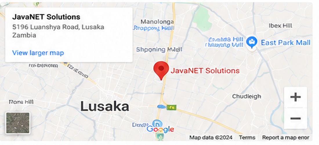 Map reference showing JavaNET Solutions location in Lusaka